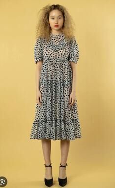 Batsheva Dress 2 May in Flocked Star Mesh Midi Ruffle Puff Sleeve Punk Party Fun
